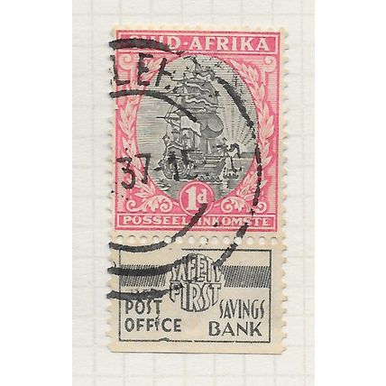 AFRICA SOUTH 1936 ADVERT POST OFFICE SAVINGS BANK SELVEDGE 1d SHIP USED