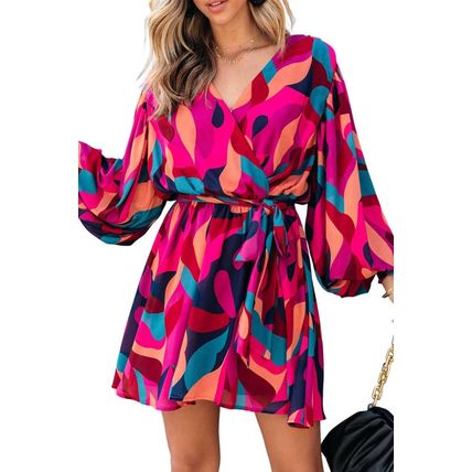 Red Abstract Printed Belted Puff Sleeve Mini Dress