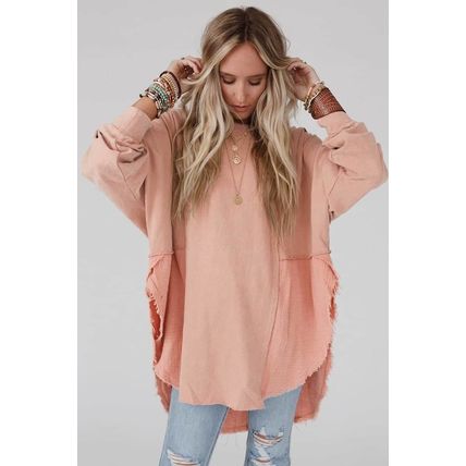 Crinkle Splicing Raw Hem High Low Oversized Blouse