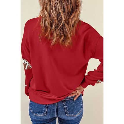 Red Sequined Rugby Graphic Drop Shoulder Sweatshirt