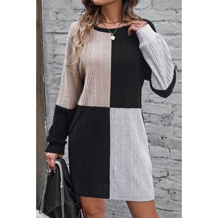 Black Ribbed Color Block Drop Shoulder Long Sleeve Mini Dress