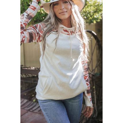 Western Aztec Print Patchwork Double Hood Hoodie