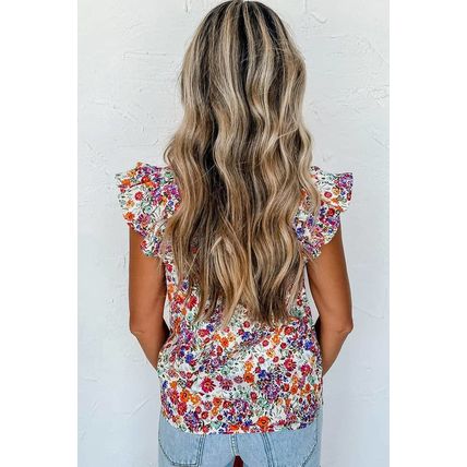 Rose Red Floral Square Neck Flutter Tank Top