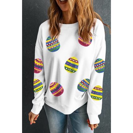 Beige Eater Egg Sequin Patched Crew Neck Sweatshirt