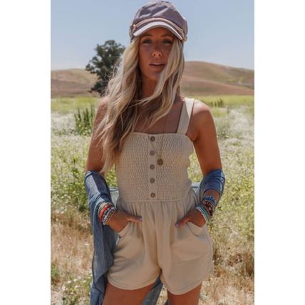 Beige Buttons Smocked Sleeveless Romper