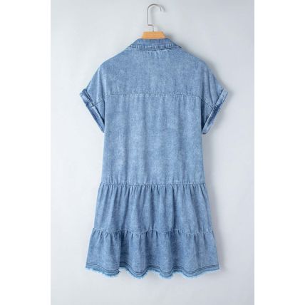 Sky Blue Acid Wash V Neck Tiered Denim Dress