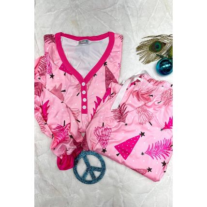 Pink Christmas Tree Print V Neck Buttoned Pullover and Drawstring Pants Lounge S
