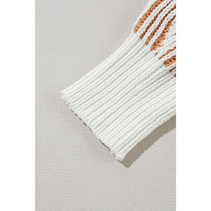 Chestnut Striped Textured Knit Contrast Edge Loose Sweater