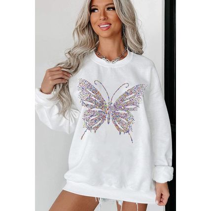 White Rhinestone Butterfly Graphic Crewneck Oversized Sweatshirt