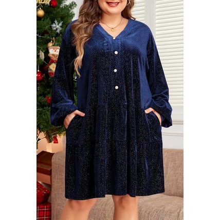 Navy Blue Plus Size Textured Velvet Tiered Button V Neck Dress