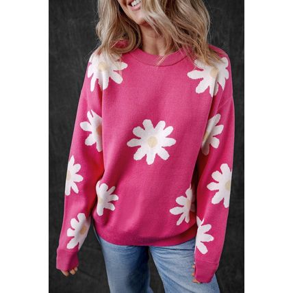 Bright Pink Daisy Flower Crew Neck Long Sleeve Sweater
