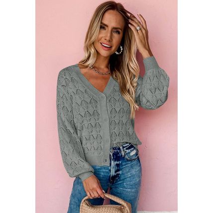 Gray Lightweight Buttoned Front Crochet Cardigan