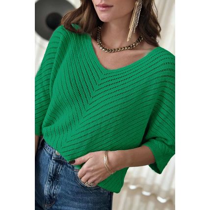 Green Half Sleeve V Neck Pointelle Knitted Sweater Top