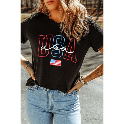 Black USA Letter American Flag Print Casual T Shirt