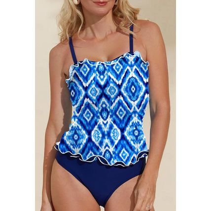 Navy Blue Abstract Print Frilled Trim Spaghetti Straps Tankini Set