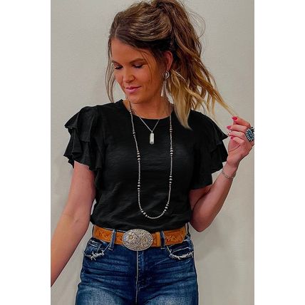 Black Layered Ruffle Short Sleeve Round Neck Top