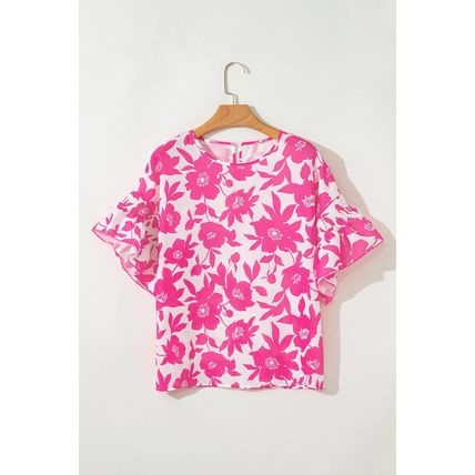 Pink Floral Printed Ruffled Short Sleeve Round Neck Loose Blouse