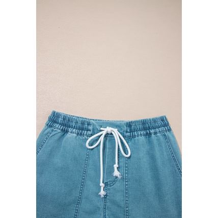 Beau Blue Contrast Drawstring Elastic Waist Denim Shorts