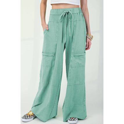 Mint Green Mineral Wash Exposed Seam Drawstring High Waist Wide Leg Cargo Pants