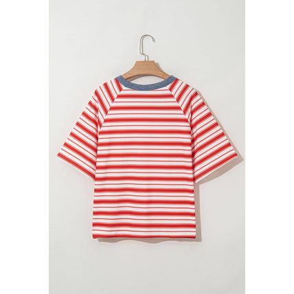 Tomato Red Stripe Print Contrast Collar Raglan Sleeve T Shirt