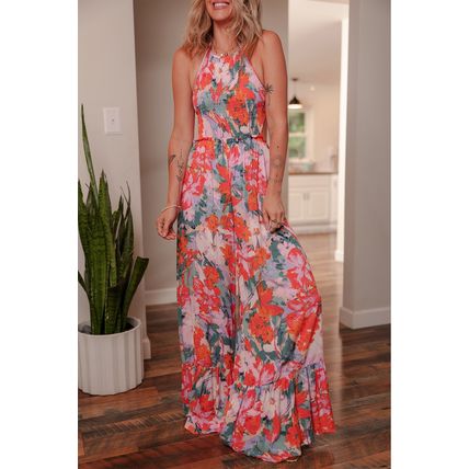 Multicolour Floral Print Smocked Halter Neck Sleeveless Wide Leg Jumpsuit
