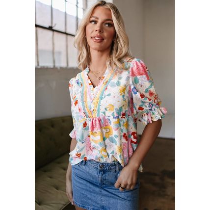 Pink Boho Flower Print Half Puff Sleeve Blouse