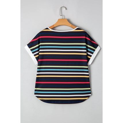 Black Stripe Multicolor Contrast Edge Crew Neck T Shirt