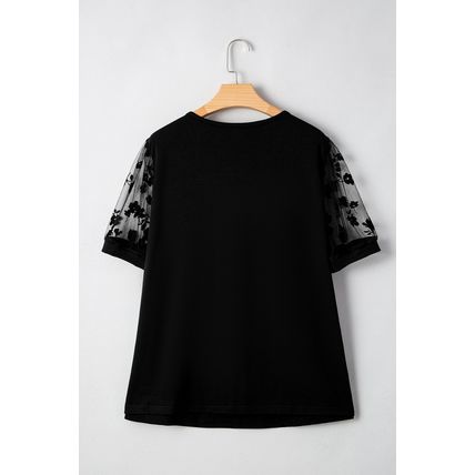 Black Floral Mesh Patchwork Loose V Neck Plus Size T Shirt