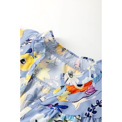 Sky Blue Flutter Sleeve V Neck Floral Top