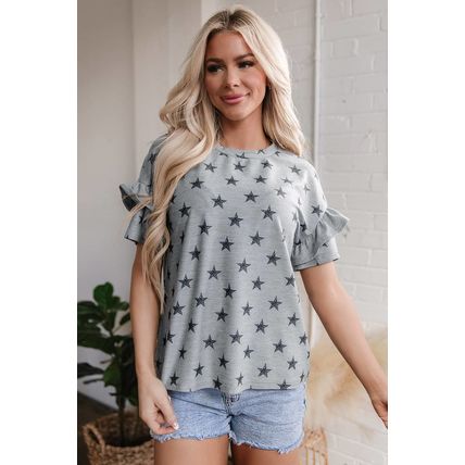 Gray Star Print Tiered Ruffled Sleeve Crew Neck T Shirt