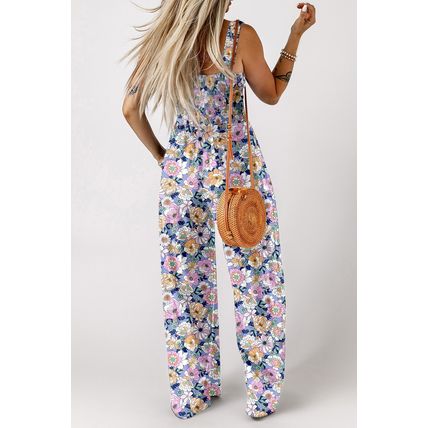 Purple Floral Print Smocked High Waist Square Neck Jumpsuit