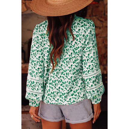 Green Printed Lace Detail Floral Puff Sleeve Fall Shirt