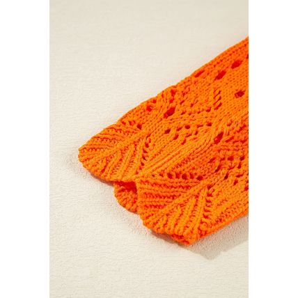 Carrot Solid Color Open Crochet Scallop Edge Sweater