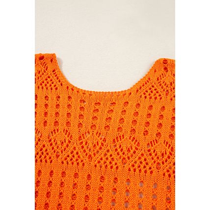 Carrot Solid Color Open Crochet Scallop Edge Sweater