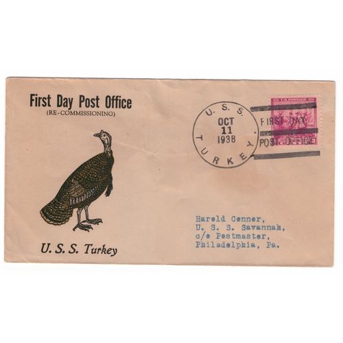 UNITED STATES OF AMERICA USA 1938 USS TURKEY FIRST DAY POST OFFICE BIRD CACHET