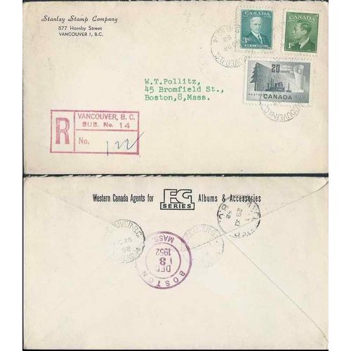 Canada Postes Postage Issue 1952 REGISTERED Vancouver BC Sub #14 to USA