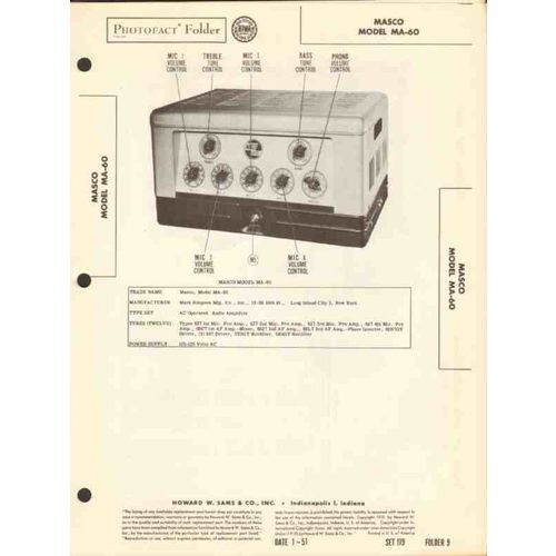 MASCO models MA-60 12 tube audio amplifier Sams Photofact manual