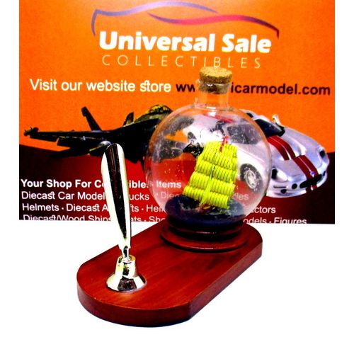 LITTLE SAILING BOAT IN A GLASS BALL ON WOOD PEN STAND,WOODEN NAUTICAL MODEL