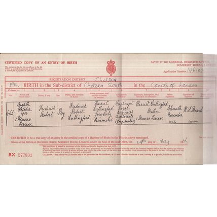 1966 a copy BIRTH CERTIFICATE for Frederick Robert Cullingford born 1914,Chelsea