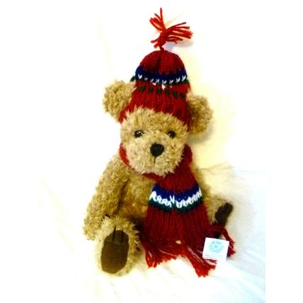 VINTAGE GIBSON GREETINGS LIGHT BROWN FURRY PLUSH BEAR w MAROON KNIT HAT & SCARF