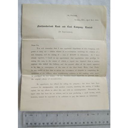 1894 letter Richard Rabbidge, liquidator The Northumberland Land & Coal Co