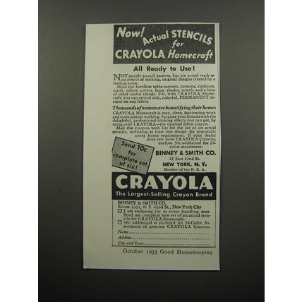 1933 Binney & Smith Crayola Crayons Ad - Now actual stencils for Crayola