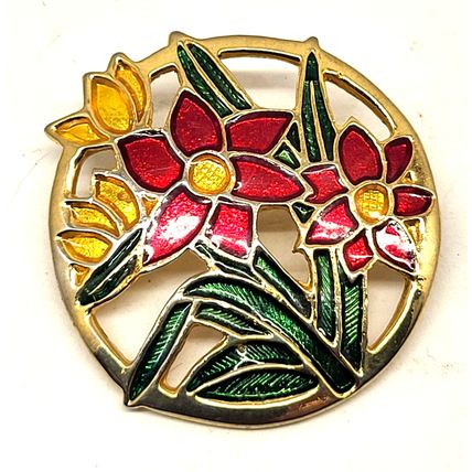 1 5/8" Round Floral Metal Brooch Pin Enameled Flower Gold-Tone Red Yellow Green