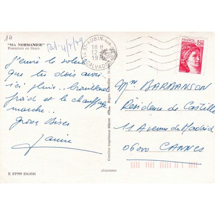 Normandie Pommiers en fleurs France Postcard posted 1979 crease