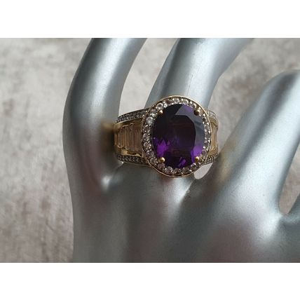 Lusaka Amethyst & White Topaz Oval Halo RING Sz O½ 14k Gold Overlay 925 Silver