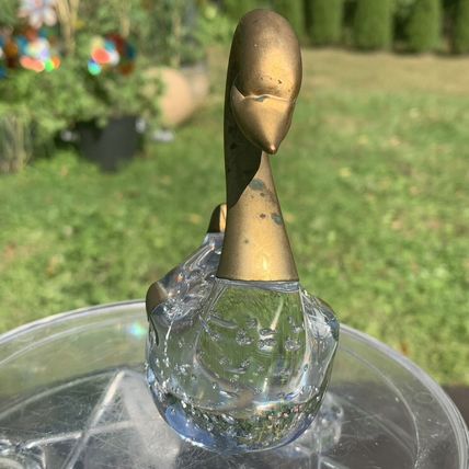 VTG Clear Glass Swan Figurine Paperweight Controlled Bubbles Brass Head Neck 4"