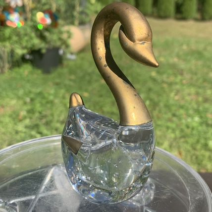 VTG Clear Glass Swan Figurine Paperweight Controlled Bubbles Brass Head Neck 4"
