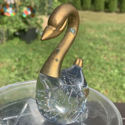 VTG Clear Glass Swan Figurine Paperweight Controlled Bubbles Brass Head Neck 4"