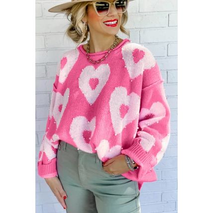 Bonbon Pearl Beaded Heart Drop Shoulder Sweater