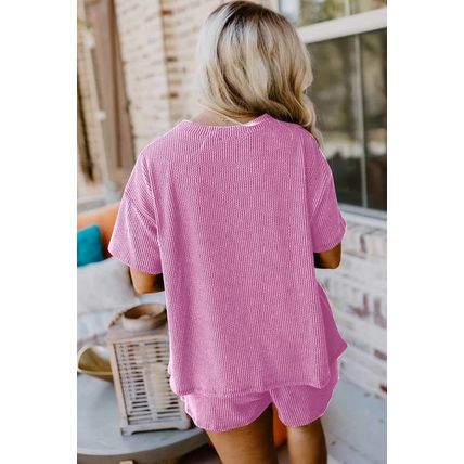 Phalaenopsis Ribbed Textured Knit Loose Fit Tee and Shorts Set